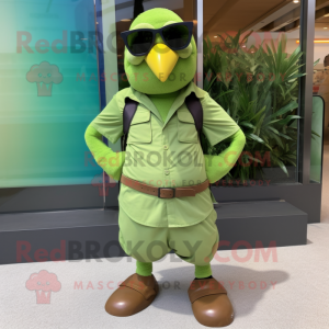 Lime Green Quail mascot costume character dressed with a Cargo Pants and Sunglasses