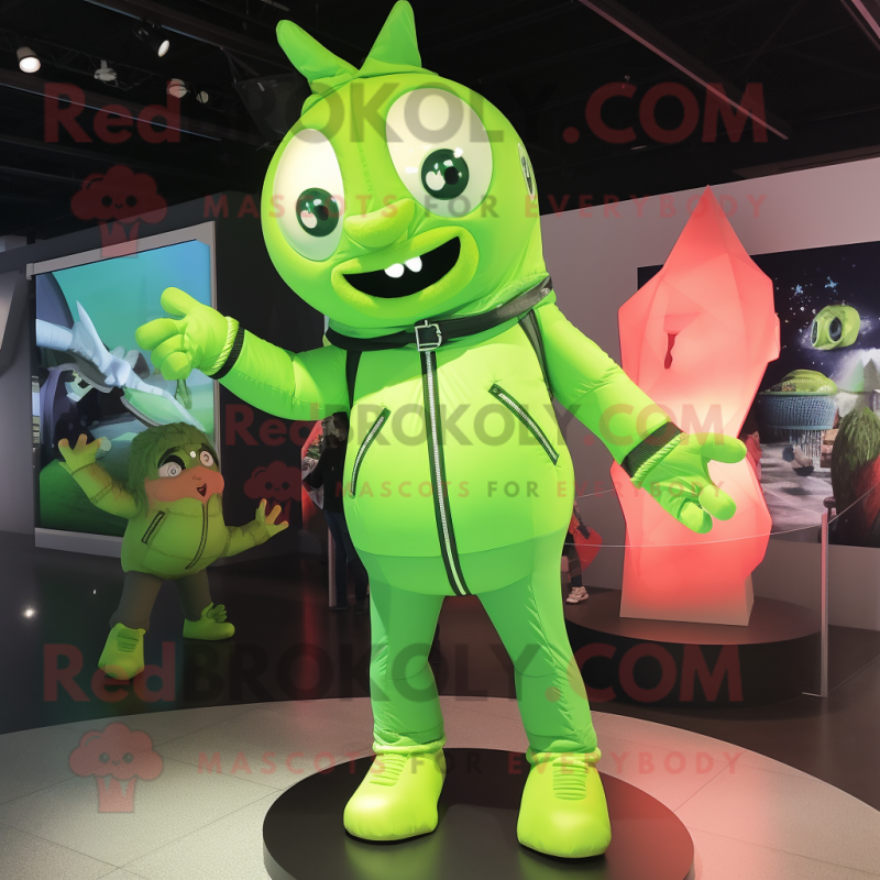 Lime Green Trapeze Artist mascot costume character dressed with a Bomber Jacket and Watches Lime Green Trapeze Artist mascot costume character dressed with a Bomber Jacket and Watches
