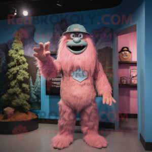 Pink Sasquatch mascot costume character dressed with a Chambray Shirt and Mittens