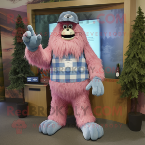Pink Sasquatch mascot costume character dressed with a Chambray Shirt and Mittens
