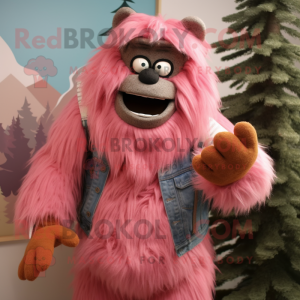 Pink Sasquatch mascot costume character dressed with a Chambray Shirt and Mittens