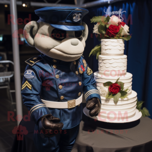 Navy Wedding Cake mascot costume character dressed with a Moto Jacket and Wraps