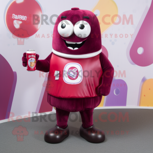 Maroon Soda Can mascot costume character dressed with a Shorts and Brooches