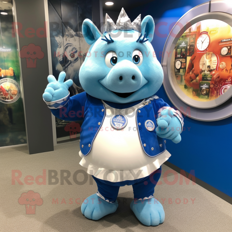 Blue Sow mascot costume character dressed with a Skirt and Bracelet watches