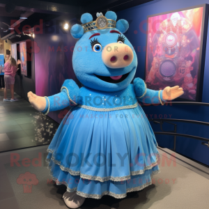Blue Sow mascot costume character dressed with a Skirt and Bracelet watches