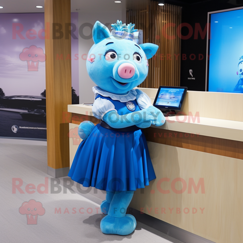 Blue Sow mascot costume character dressed with a Skirt and Bracelet watches Blue Sow mascot costume character dressed with a Skirt and Bracelet watches