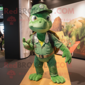 Forest Green Turtle mascot costume character dressed with a Joggers and Berets