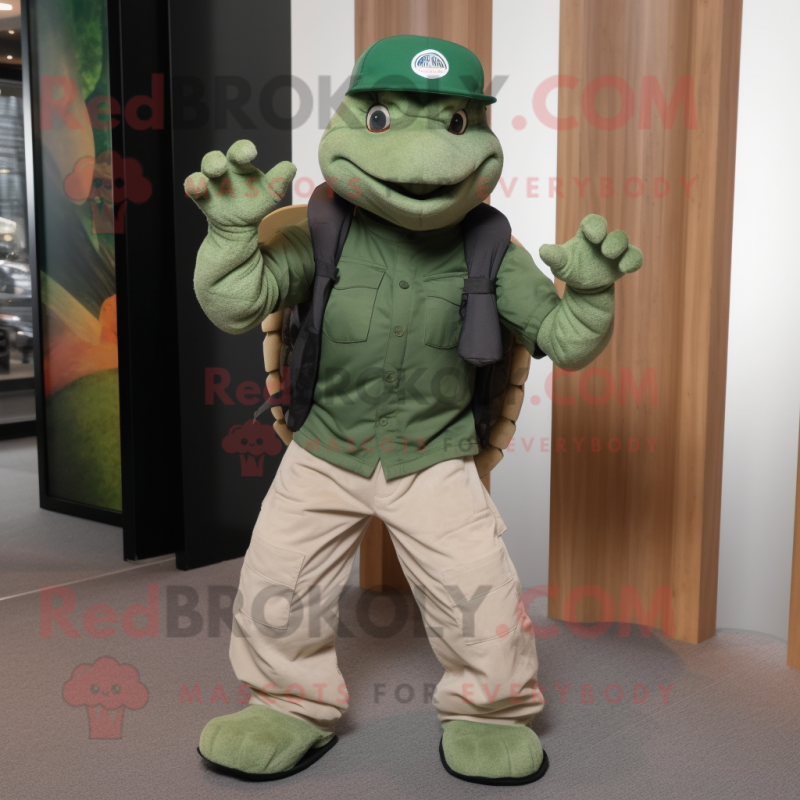 Forest Green Turtle mascot costume character dressed with a Joggers and Berets