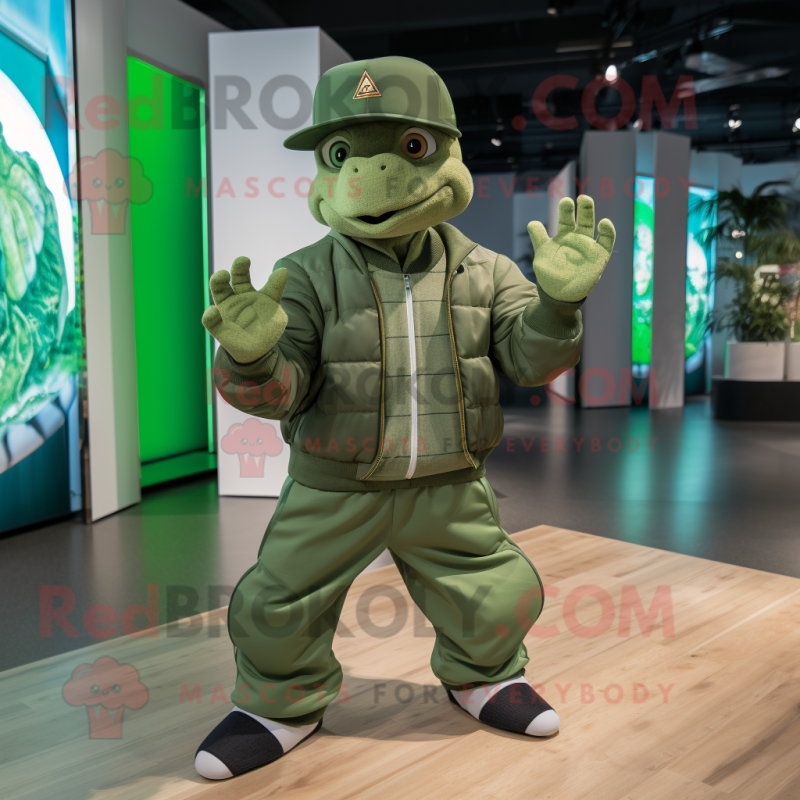 Forest Green Turtle mascot costume character dressed with a Joggers and Berets