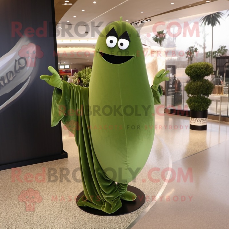 Olive Green Bean mascot costume character dressed with a Evening Gown and Cufflinks