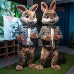 Brown Wild Rabbit mascot costume character dressed with a Boyfriend Jeans and Smartwatches