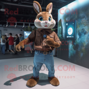 Brown Wild Rabbit mascot costume character dressed with a Boyfriend Jeans and Smartwatches