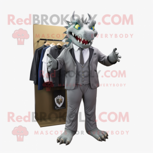 Gray Dragon mascot costume character dressed with a Suit Jacket and Shoe clips