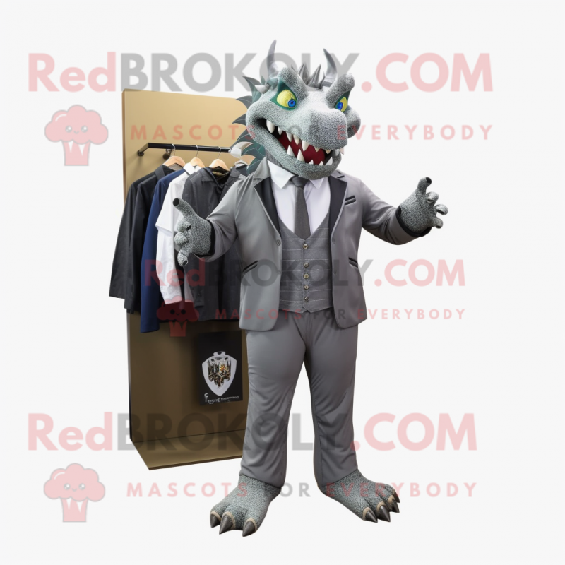 Gray Dragon mascot costume character dressed with a Suit Jacket and Shoe clips Gray Dragon mascot costume character dressed with a Suit Jacket and Shoe clips