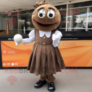 Brown Petanque Ball mascot costume character dressed with a Pleated Skirt and Cufflinks