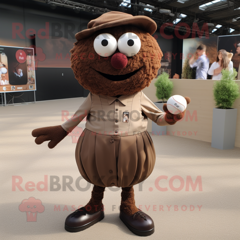 Brown Petanque Ball mascot costume character dressed with a Pleated Skirt and Cufflinks