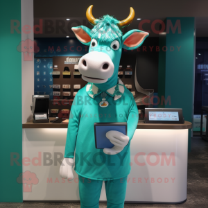Teal Jersey Cow mascot costume character dressed with a Pencil Skirt and Headbands