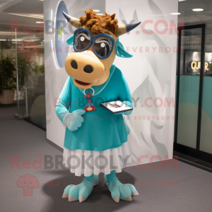 Teal Jersey Cow mascot costume character dressed with a Pencil Skirt and Headbands