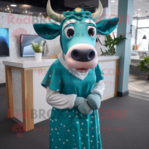 Teal Jersey Cow mascot costume character dressed with a Pencil Skirt and Headbands