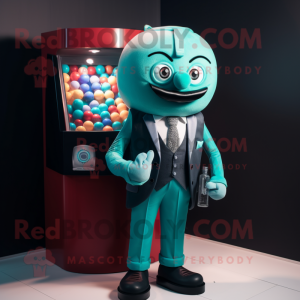 Teal Gumball Machine mascot costume character dressed with a Suit and Handbags