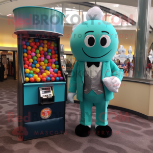 Teal Gumball Machine mascot costume character dressed with a Suit and Handbags