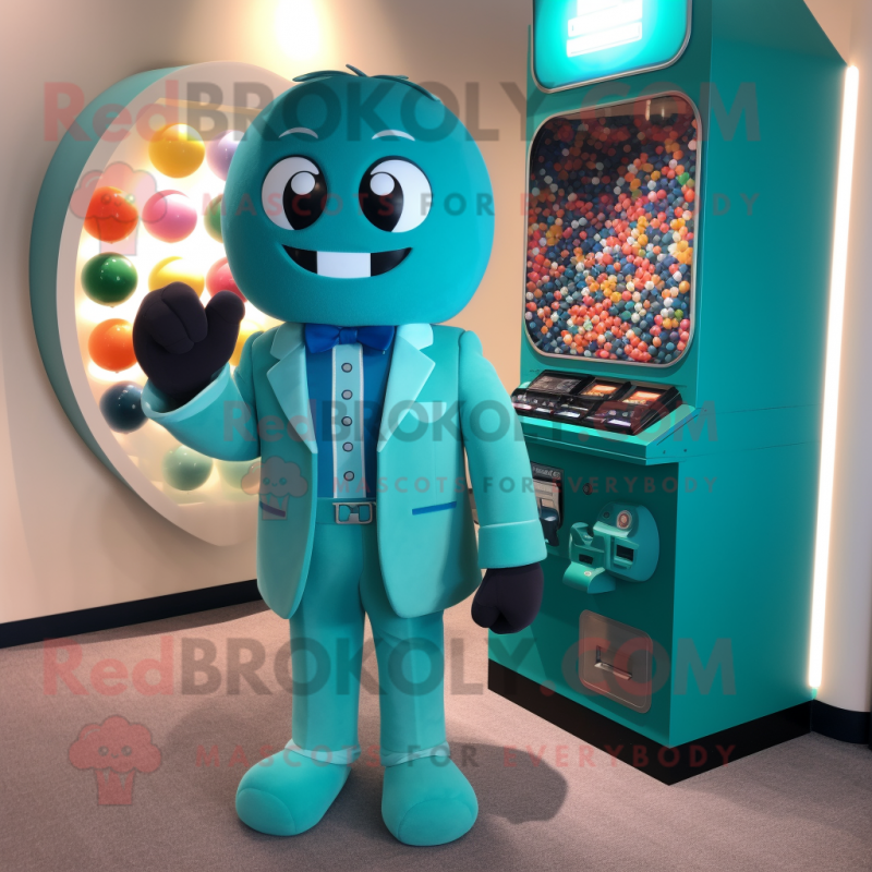 Teal Gumball Machine mascot costume character dressed with a Suit and Handbags