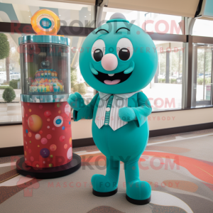 Teal Gumball Machine mascot costume character dressed with a Suit and Handbags