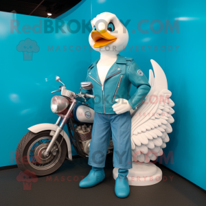 Cyan Swans mascot costume character dressed with a Moto Jacket and Handbags