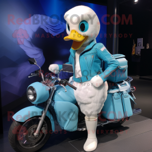 Cyan Swans mascot costume character dressed with a Moto Jacket and Handbags