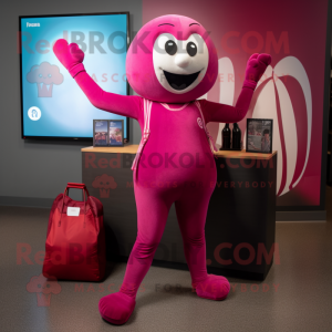 Magenta Juggle mascot costume character dressed with a Yoga Pants and Tote bags