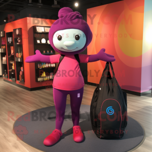 Magenta Juggle mascot costume character dressed with a Yoga Pants and Tote bags