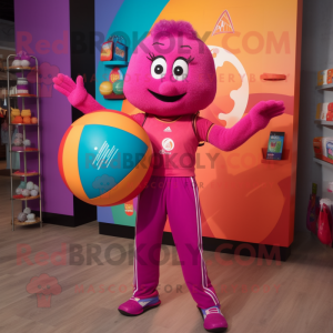 Magenta Juggle mascot costume character dressed with a Yoga Pants and Tote bags