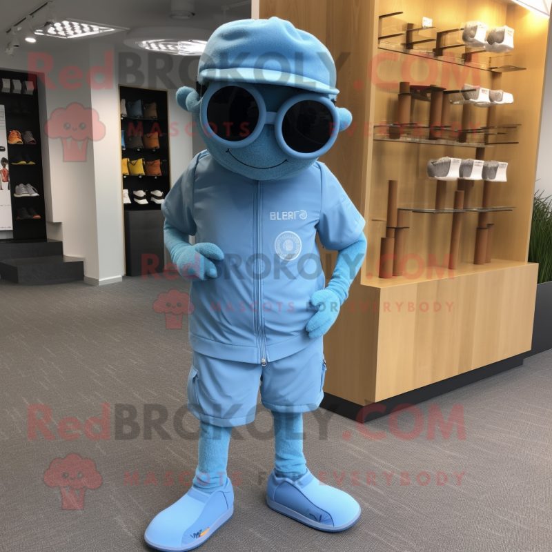 Sky Blue Special Air Service mascot costume character dressed with a Running Shorts and Gloves