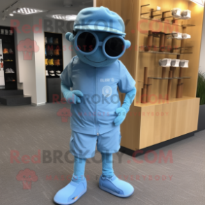 Sky Blue Special Air Service mascot costume character dressed with a Running Shorts and Gloves