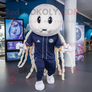 Navy Jellyfish mascot costume character dressed with a Joggers and Brooches