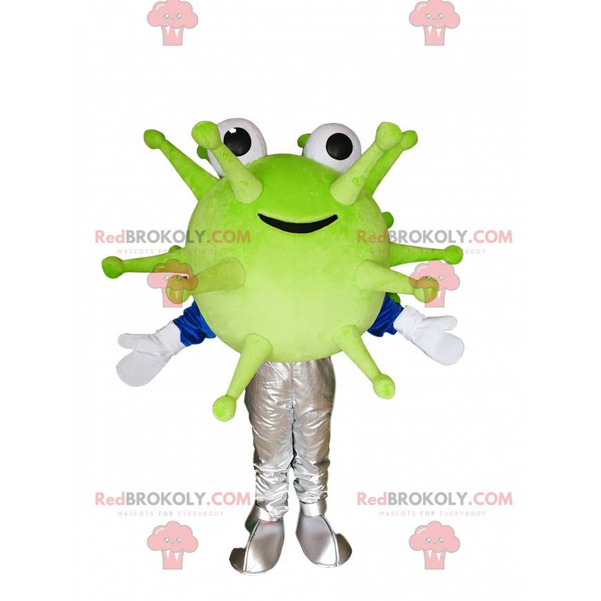 Smiling green virus mascot. Virus costume - Redbrokoly.com