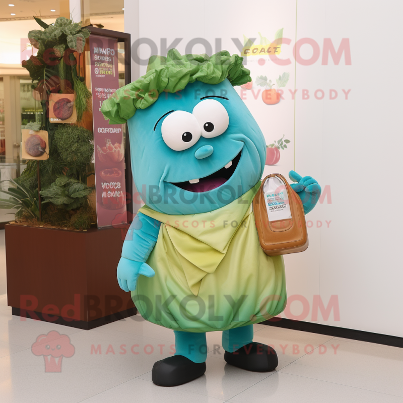 Turquoise Corned Beef And Cabbage mascot costume character dressed with a Coat and Clutch bags Turquoise Corned Beef And Cabbage mascot costume character dressed with a Coat and Clutch bags