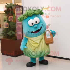 Turquoise Corned Beef And Cabbage mascot costume character dressed with a Coat and Clutch bags