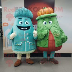 Turquoise Corned Beef And Cabbage mascot costume character dressed with a Coat and Clutch bags