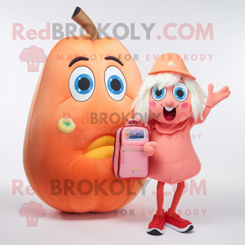 Peach Phone mascot costume character dressed with a Jeggings and Handbags Peach Phone mascot costume character dressed with a Jeggings and Handbags