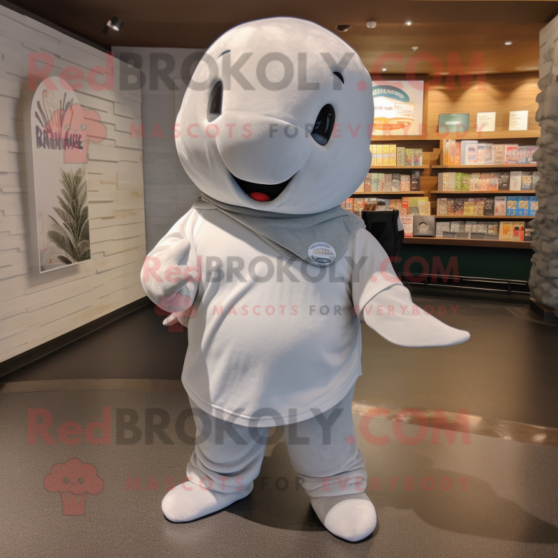 Gray Beluga Whale mascot costume character dressed with a Henley Tee and Headbands Gray Beluga Whale mascot costume character dressed with a Henley Tee and Headbands