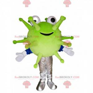 Sorridente mascotte del virus verde. Costume da virus -