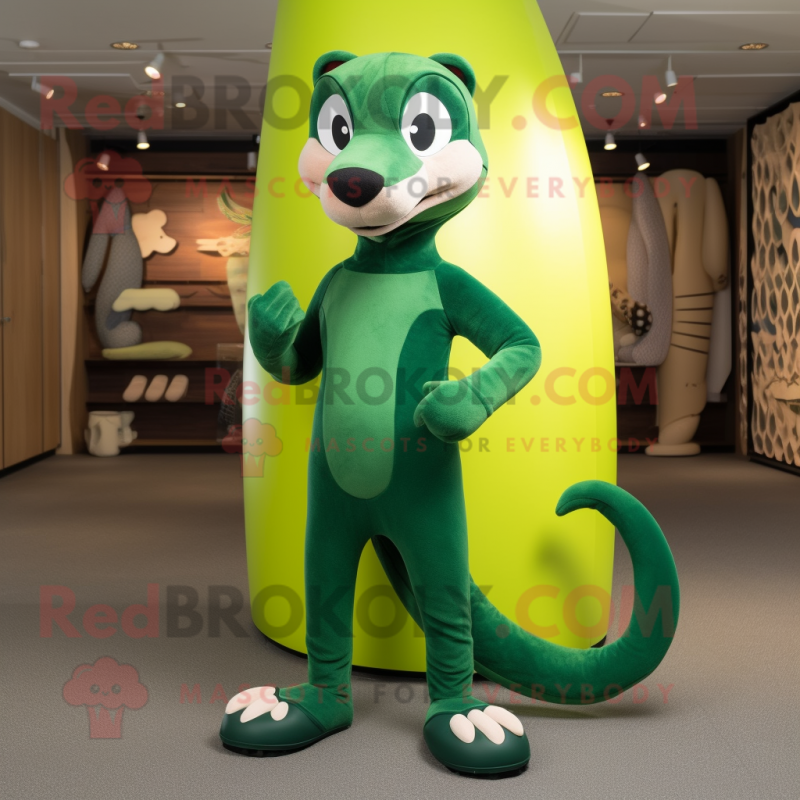 Forest Green Weasel mascot costume character dressed with a Swimwear and Shoe laces