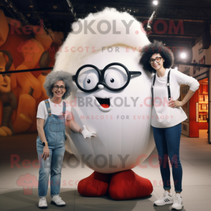 White Human Cannon Ball mascot costume character dressed with a Mom Jeans and Eyeglasses