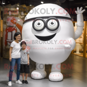 White Human Cannon Ball mascot costume character dressed with a Mom Jeans and Eyeglasses