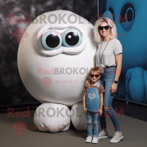 White Human Cannon Ball mascot costume character dressed with a Mom Jeans and Eyeglasses