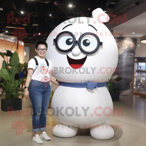 White Human Cannon Ball mascot costume character dressed with a Mom Jeans and Eyeglasses