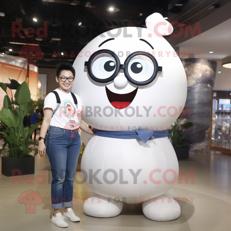 White Human Cannon Ball mascot costume character dressed with a Mom Jeans and Eyeglasses White Human Cannon Ball mascot costume character dressed with a Mom Jeans and Eyeglasses