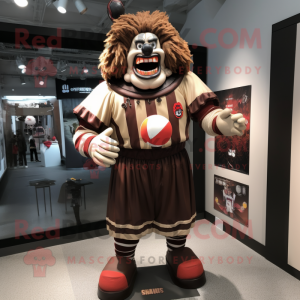 Brown Evil Clown mascot costume character dressed with a Rugby Shirt and Keychains