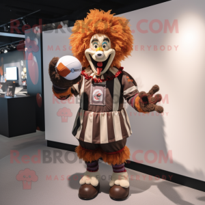 Brown Evil Clown mascot costume character dressed with a Rugby Shirt and Keychains